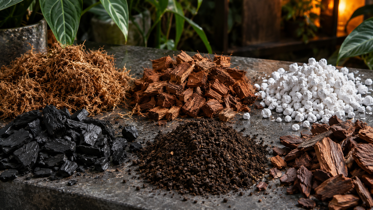 Tree fern fiber, orchid bark, perlite, charcoal, worm castings and coco chips for a chunky aroid mix
