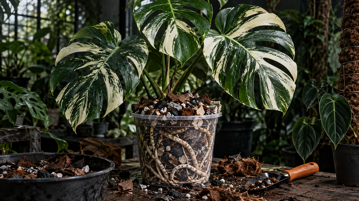 Healthy variegated Monstera growing in a clear pot filled with chunky aroid mix