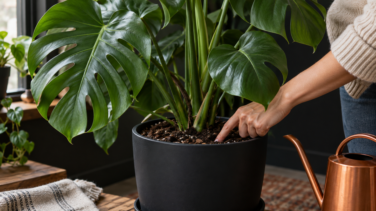 Checking the soil moisture of a healthy Monstera before watering