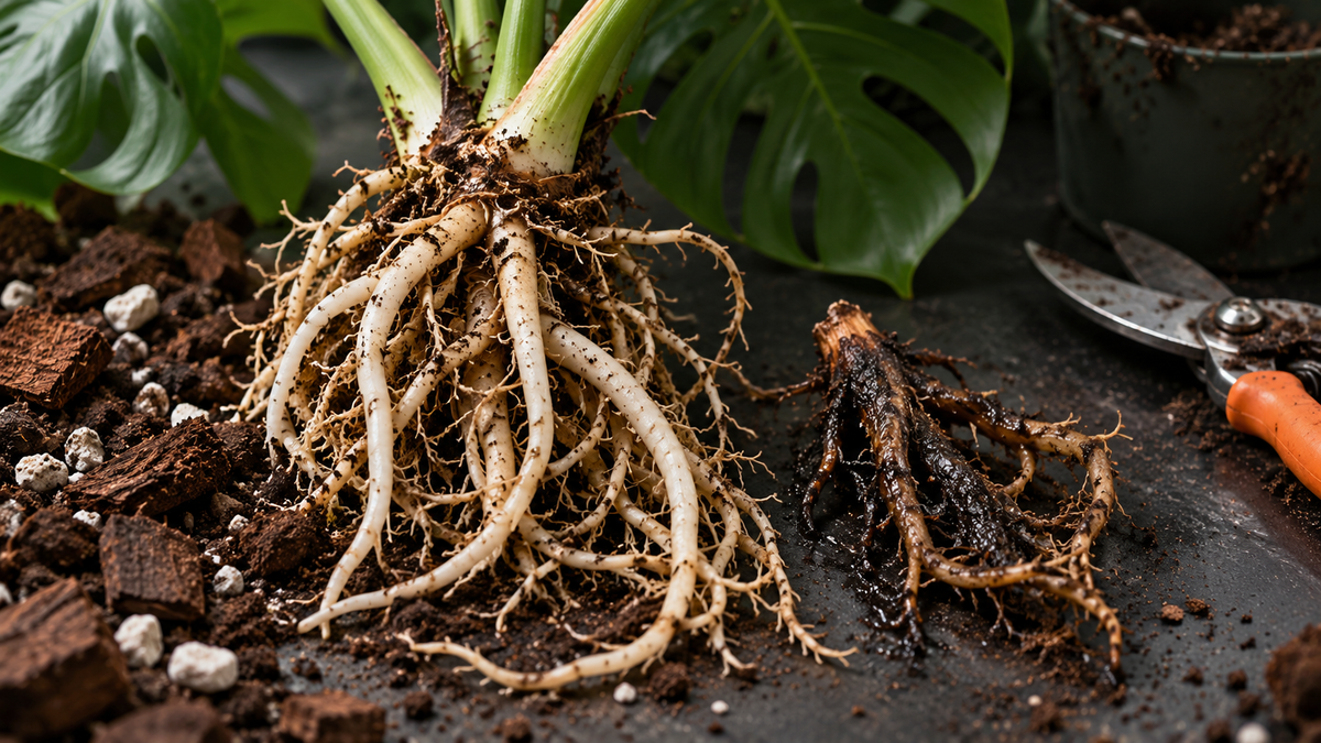 Healthy Monstera roots compared with dark rotted roots