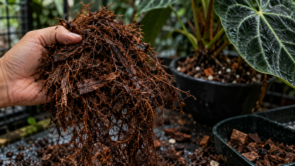 Close-up of fibrous tree fern fiber used in an aroid potting mix